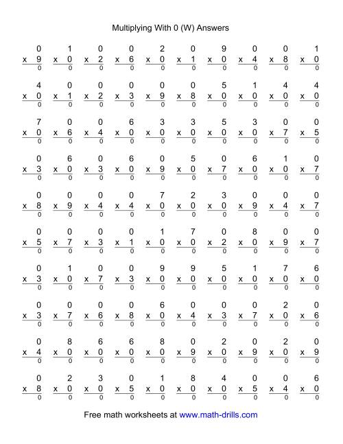 The 100 Vertical Questions -- Multiplication Facts -- 0 by 1-9 (W) Math Worksheet Page 2