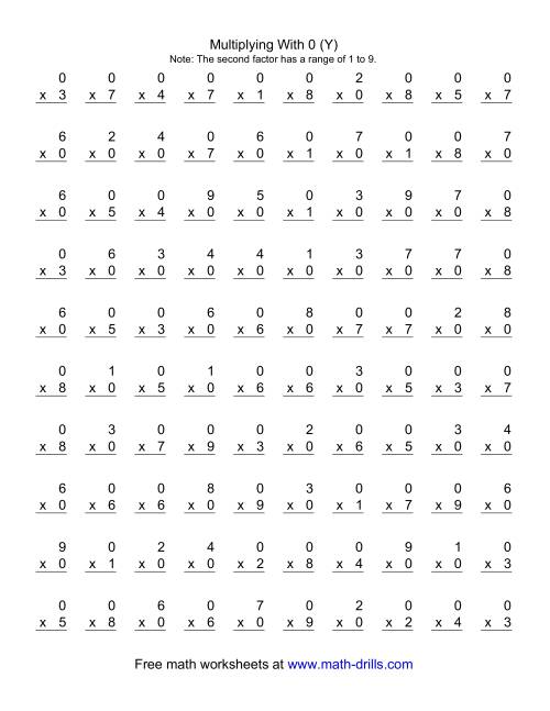 The 100 Vertical Questions -- Multiplication Facts -- 0 by 1-9 (Y) Math Worksheet