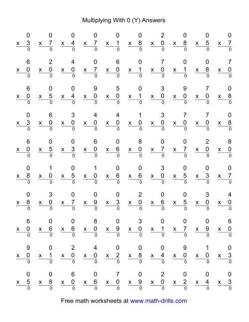 The 100 Vertical Questions -- Multiplication Facts -- 0 by 1-9 (Y) Math Worksheet Page 2