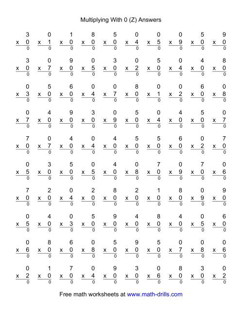 The 100 Vertical Questions -- Multiplication Facts -- 0 by 1-9 (Z) Math Worksheet Page 2