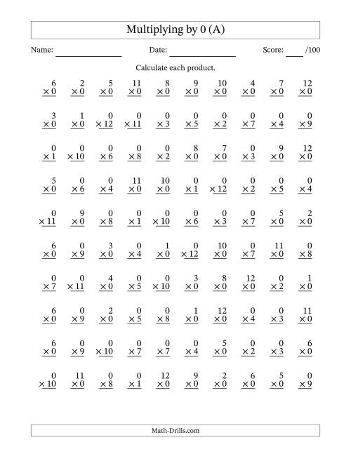 The Multiplying (1 to 12) by 0 (100 Questions) (A) Math Worksheet