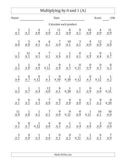 Multiplying (1 to 12) by 0 and 1 (100 Questions)