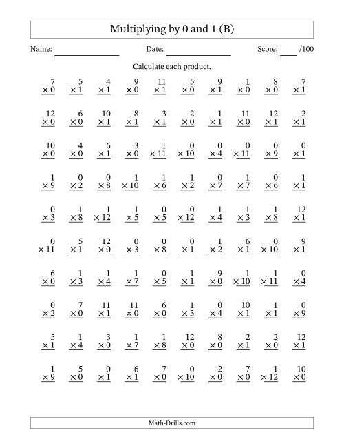 The Multiplying (1 to 12) by 0 and 1 (100 Questions) (B) Math Worksheet