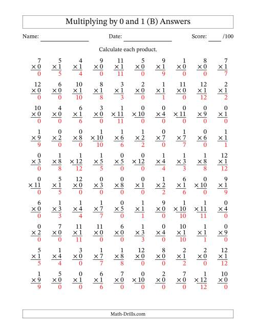 The Multiplying (1 to 12) by 0 and 1 (100 Questions) (B) Math Worksheet Page 2