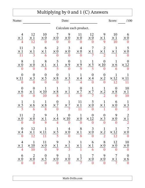 The Multiplying (1 to 12) by 0 and 1 (100 Questions) (C) Math Worksheet Page 2
