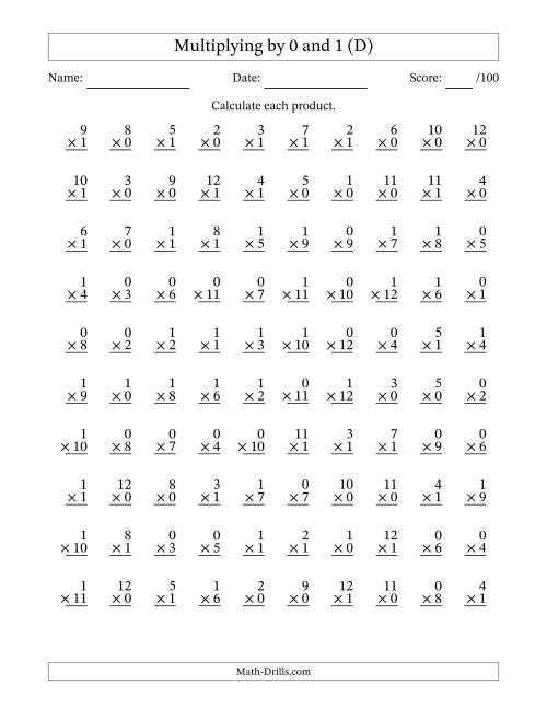 The Multiplying (1 to 12) by 0 and 1 (100 Questions) (D) Math Worksheet