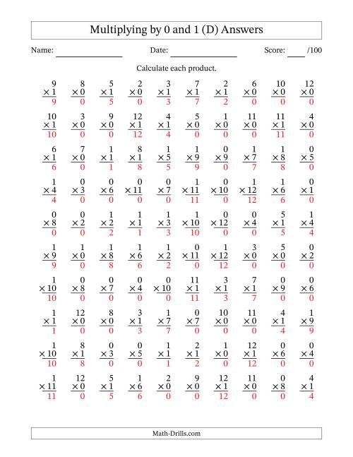 The Multiplying (1 to 12) by 0 and 1 (100 Questions) (D) Math Worksheet Page 2