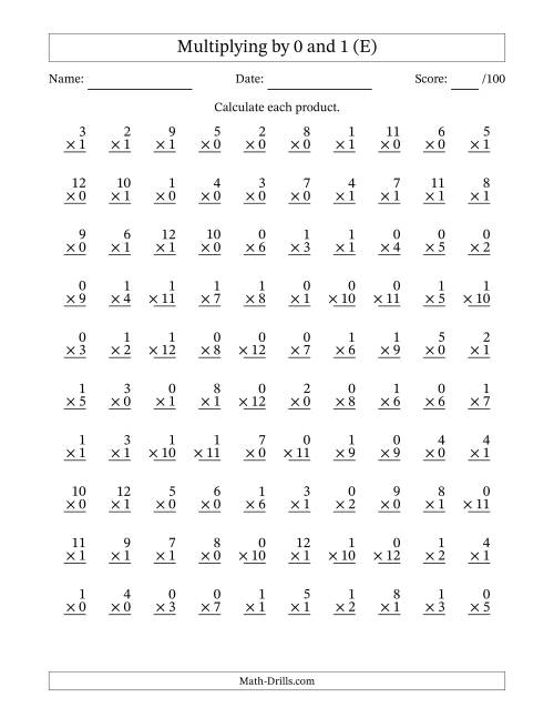 The Multiplying (1 to 12) by 0 and 1 (100 Questions) (E) Math Worksheet