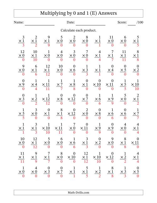 The Multiplying (1 to 12) by 0 and 1 (100 Questions) (E) Math Worksheet Page 2