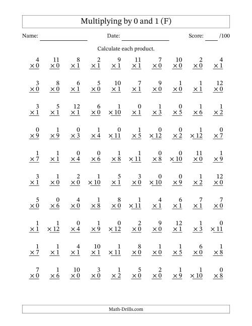 The Multiplying (1 to 12) by 0 and 1 (100 Questions) (F) Math Worksheet