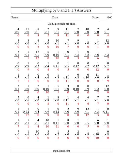 The Multiplying (1 to 12) by 0 and 1 (100 Questions) (F) Math Worksheet Page 2