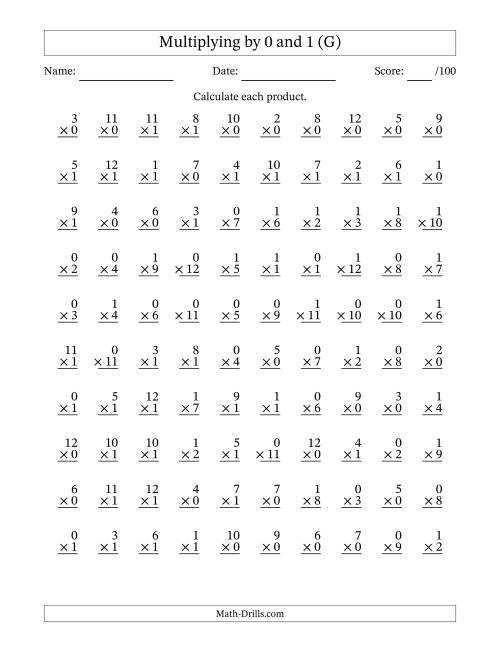 The Multiplying (1 to 12) by 0 and 1 (100 Questions) (G) Math Worksheet