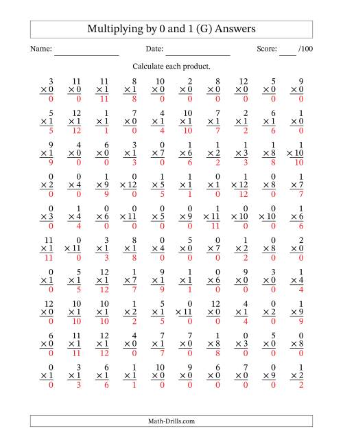 The Multiplying (1 to 12) by 0 and 1 (100 Questions) (G) Math Worksheet Page 2