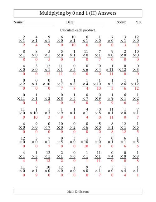 The Multiplying (1 to 12) by 0 and 1 (100 Questions) (H) Math Worksheet Page 2
