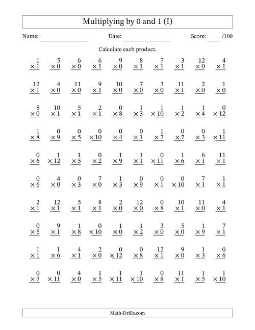 The Multiplying (1 to 12) by 0 and 1 (100 Questions) (I) Math Worksheet