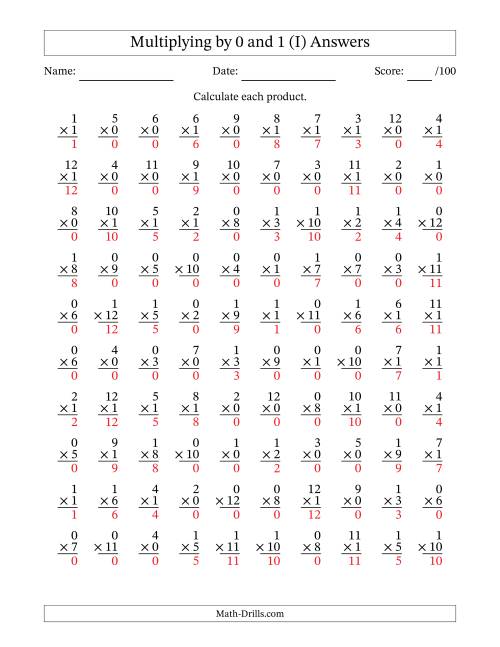 The Multiplying (1 to 12) by 0 and 1 (100 Questions) (I) Math Worksheet Page 2