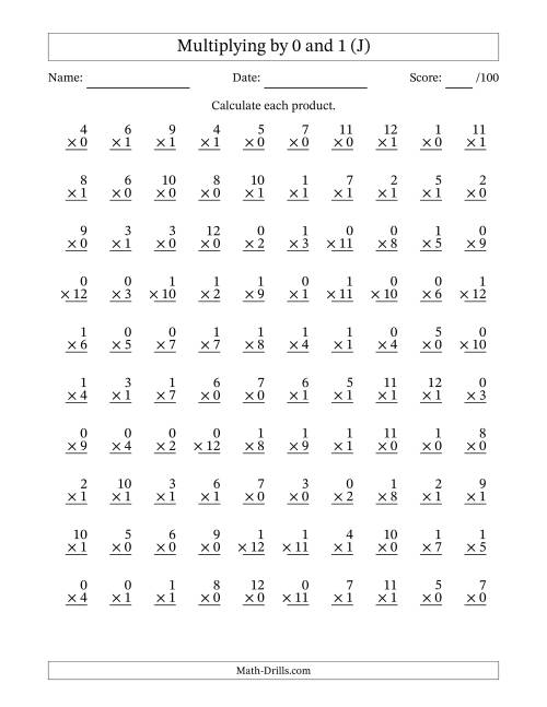 The Multiplying (1 to 12) by 0 and 1 (100 Questions) (J) Math Worksheet