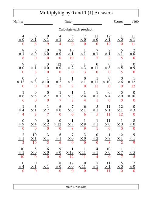 The Multiplying (1 to 12) by 0 and 1 (100 Questions) (J) Math Worksheet Page 2