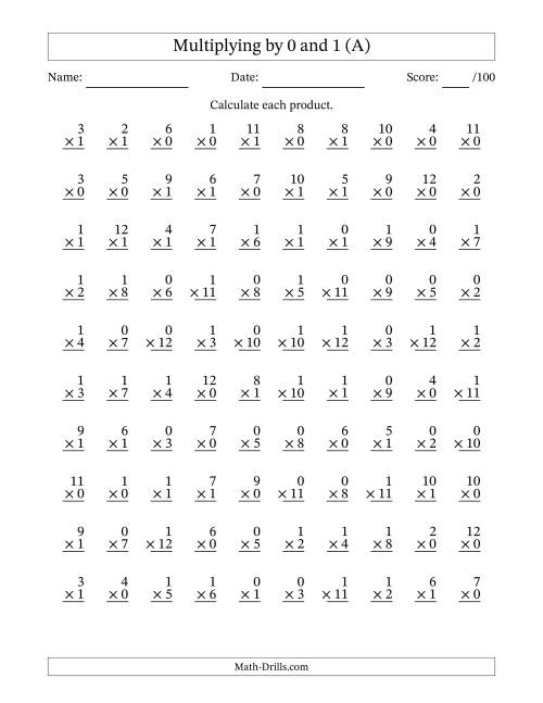 The Multiplying (1 to 12) by 0 and 1 (100 Questions) (All) Math Worksheet