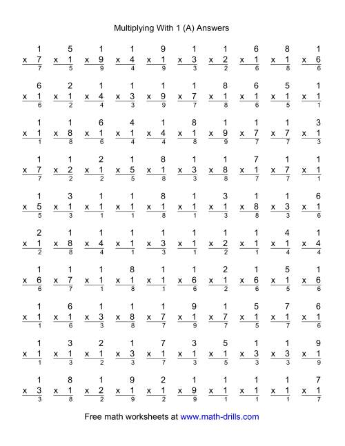 The 100 Vertical Questions -- Multiplication Facts -- 1 by 1-9 (A) Math Worksheet Page 2