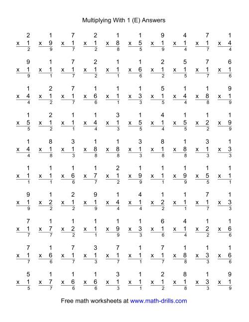 The 100 Vertical Questions -- Multiplication Facts -- 1 by 1-9 (E) Math Worksheet Page 2