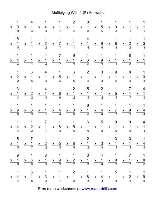 The 100 Vertical Questions -- Multiplication Facts -- 1 by 1-9 (F) Math Worksheet Page 2