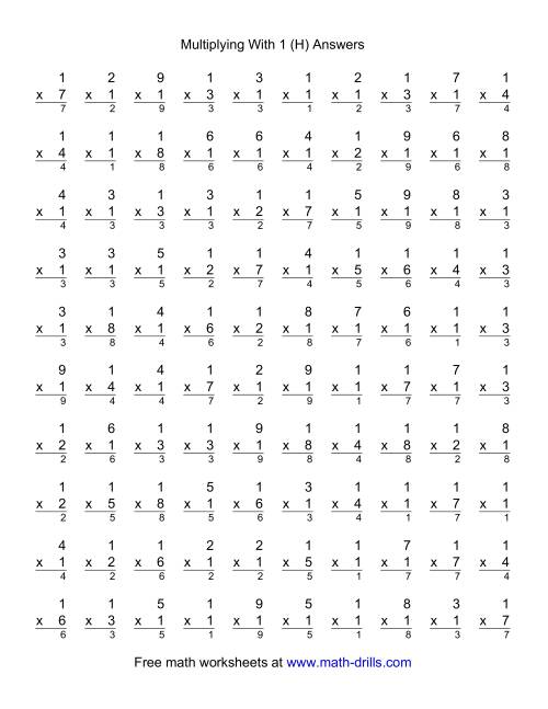 The 100 Vertical Questions -- Multiplication Facts -- 1 by 1-9 (H) Math Worksheet Page 2