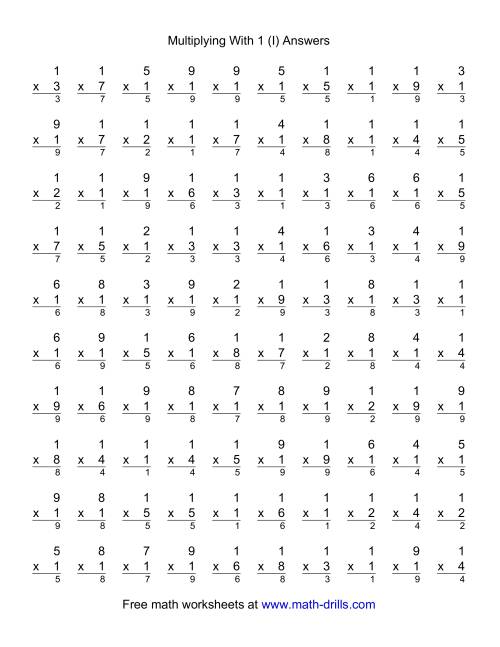 The 100 Vertical Questions -- Multiplication Facts -- 1 by 1-9 (I) Math Worksheet Page 2
