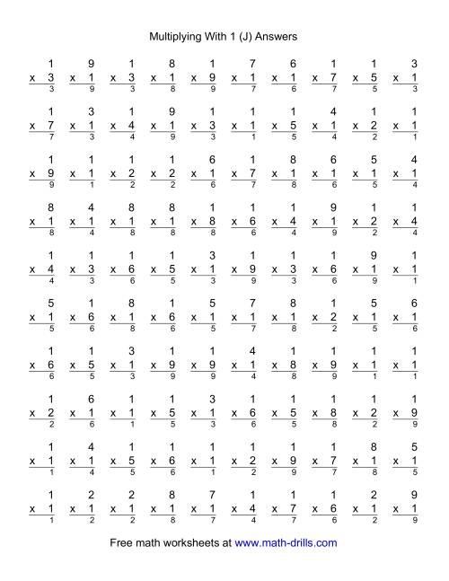 The 100 Vertical Questions -- Multiplication Facts -- 1 by 1-9 (J) Math Worksheet Page 2
