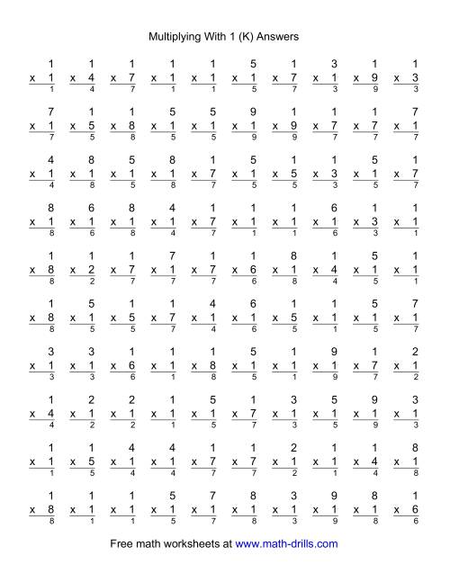 The 100 Vertical Questions -- Multiplication Facts -- 1 by 1-9 (K) Math Worksheet Page 2