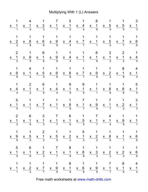 The 100 Vertical Questions -- Multiplication Facts -- 1 by 1-9 (L) Math Worksheet Page 2