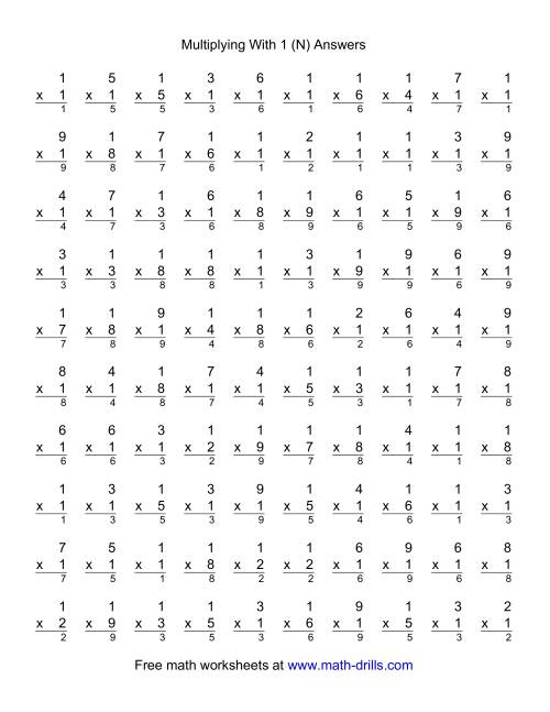 The 100 Vertical Questions -- Multiplication Facts -- 1 by 1-9 (N) Math Worksheet Page 2