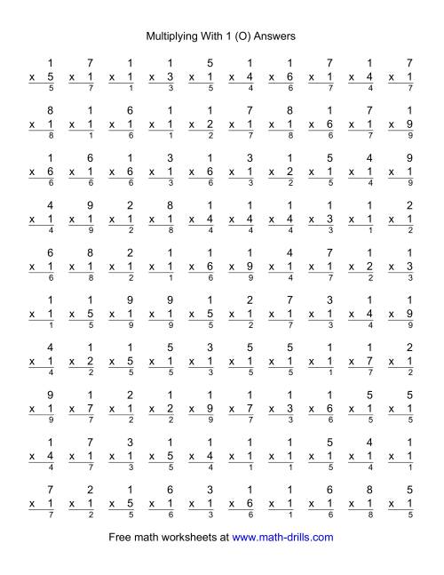 The 100 Vertical Questions -- Multiplication Facts -- 1 by 1-9 (O) Math Worksheet Page 2