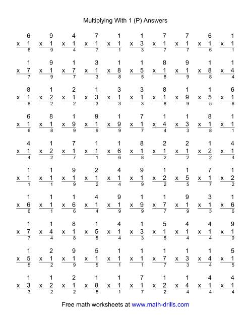 The 100 Vertical Questions -- Multiplication Facts -- 1 by 1-9 (P) Math Worksheet Page 2