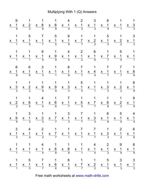 The 100 Vertical Questions -- Multiplication Facts -- 1 by 1-9 (Q) Math Worksheet Page 2