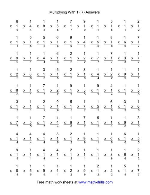 The 100 Vertical Questions -- Multiplication Facts -- 1 by 1-9 (R) Math Worksheet Page 2