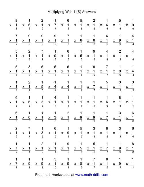 The 100 Vertical Questions -- Multiplication Facts -- 1 by 1-9 (S) Math Worksheet Page 2