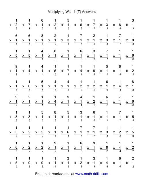 The 100 Vertical Questions -- Multiplication Facts -- 1 by 1-9 (T) Math Worksheet Page 2