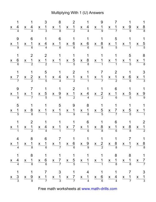 The 100 Vertical Questions -- Multiplication Facts -- 1 by 1-9 (U) Math Worksheet Page 2