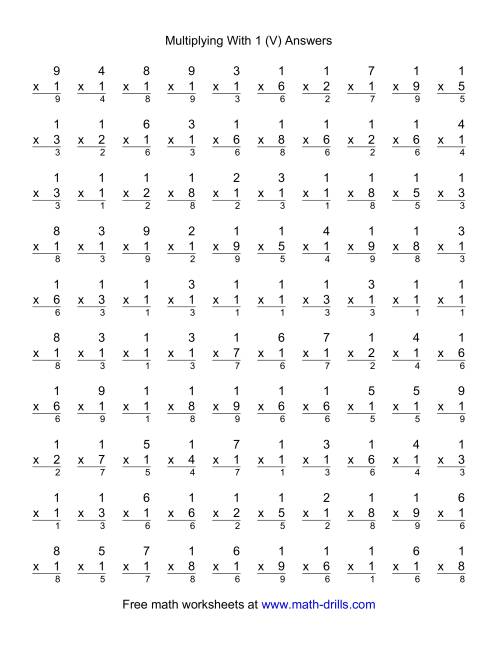 The 100 Vertical Questions -- Multiplication Facts -- 1 by 1-9 (V) Math Worksheet Page 2