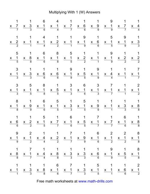 The 100 Vertical Questions -- Multiplication Facts -- 1 by 1-9 (W) Math Worksheet Page 2