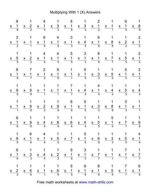 The 100 Vertical Questions -- Multiplication Facts -- 1 by 1-9 (X) Math Worksheet Page 2