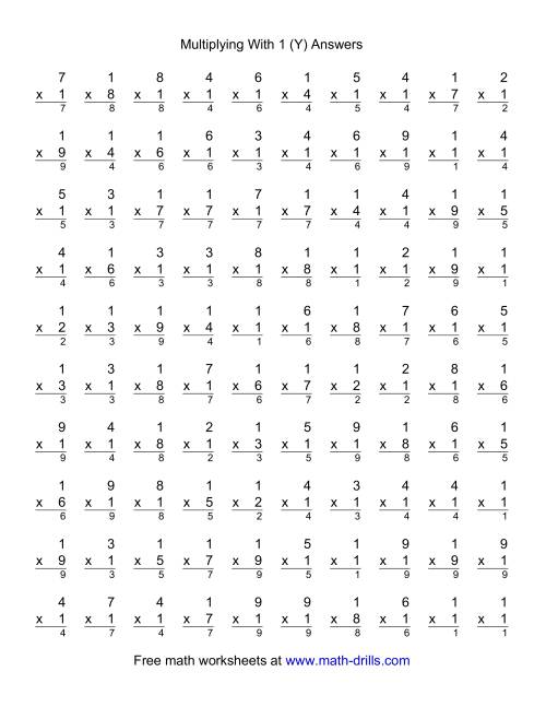 The 100 Vertical Questions -- Multiplication Facts -- 1 by 1-9 (Y) Math Worksheet Page 2