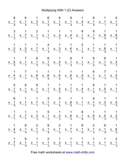 The 100 Vertical Questions -- Multiplication Facts -- 1 by 1-9 (Z) Math Worksheet Page 2