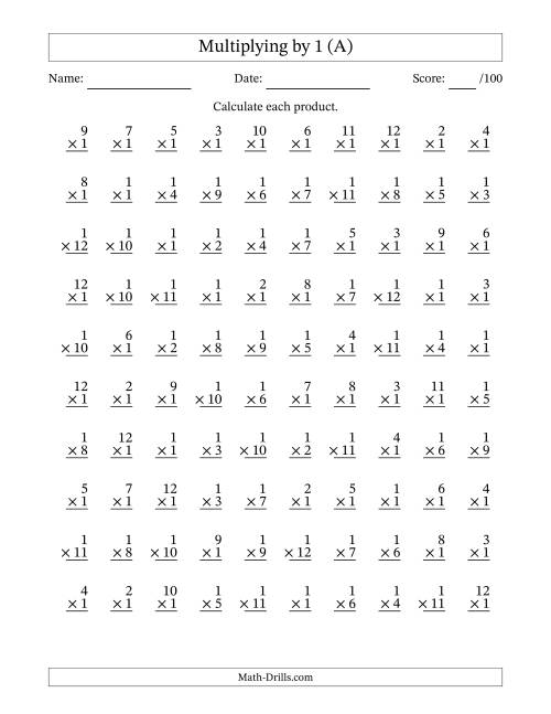 Multiplying 1 to 12 by 1 (A) Multiplication Worksheet