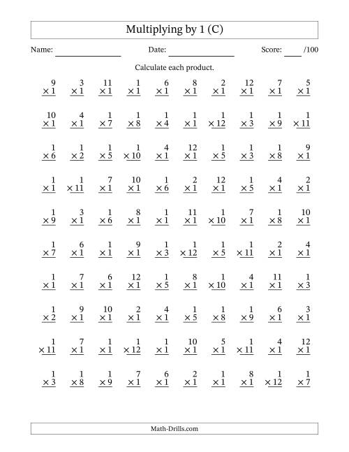 The Multiplying (1 to 12) by 1 (100 Questions) (C) Math Worksheet