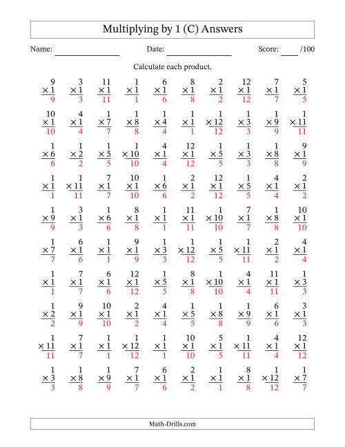 The Multiplying (1 to 12) by 1 (100 Questions) (C) Math Worksheet Page 2