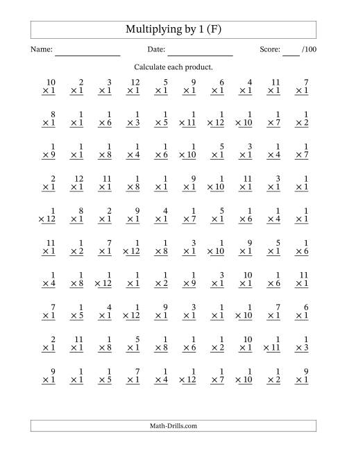 The Multiplying (1 to 12) by 1 (100 Questions) (F) Math Worksheet