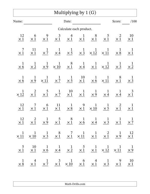 The Multiplying (1 to 12) by 1 (100 Questions) (G) Math Worksheet