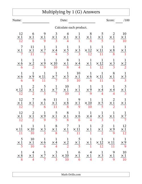 The Multiplying (1 to 12) by 1 (100 Questions) (G) Math Worksheet Page 2